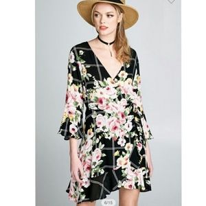Oddy Floral Window Pane Pattern Wrap Dress Fairycore Boho Style